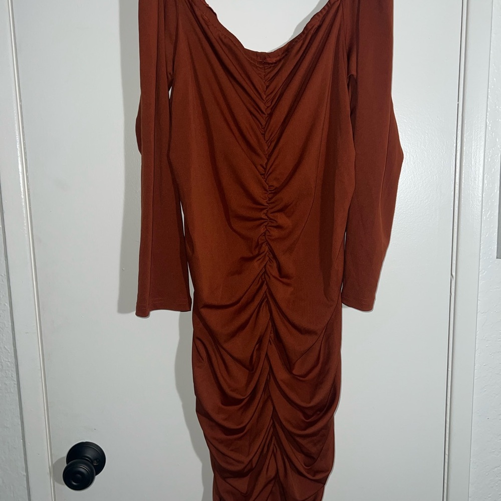 SHEIN Long Sleeve Ruched Dress in Brown